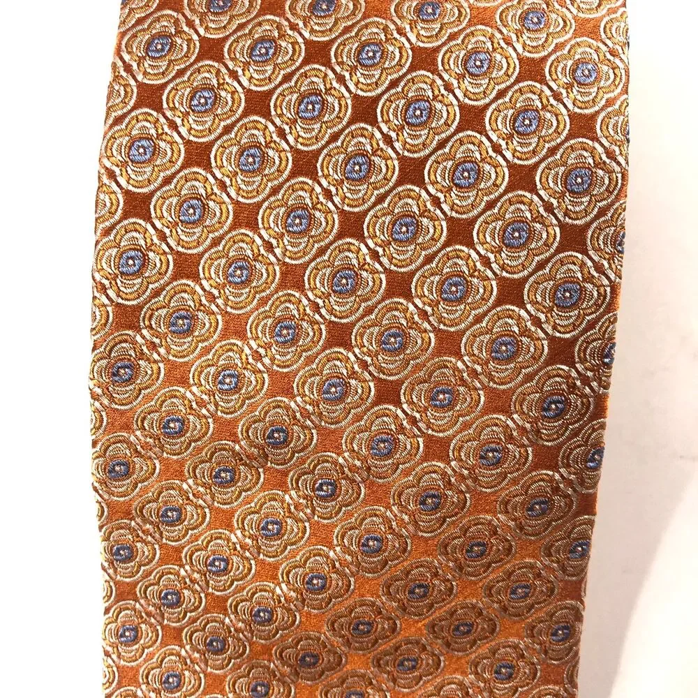 Vtg Hart Schaffner Marx Parisian Tie Orange Geometric Blue Medallion 100% Silk